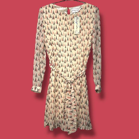 Vintage Y2K Snow Traffic Size Small Pleated Eiffel Tower Print Dress Belted NWT - Picture 1 of 14